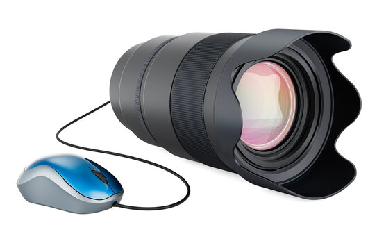 Camera lens with computer mouse. 3D rendering