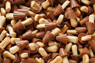 Dessert background Chocolate mushrooms cookies as texture.