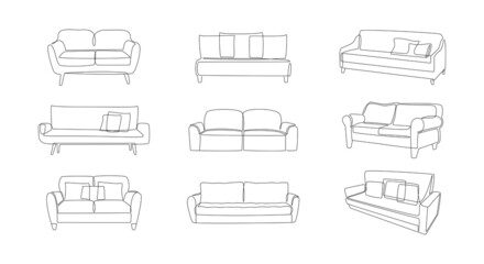 Modern comfy furniture and home interior decorations of trendy loft style outline contour lines. Collection of sofas and couches simple linear silhouette. Doodle vector illustration