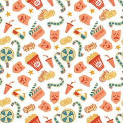 Cinema seamless pattern with film reel, clapper, popcorn, 3D glasses, soda cup, cinema ticket and stars in retro style. Movie vector background