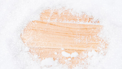 Table snow. Winter wooden texture background. Christmas board with old rustic wood wall, white frozen ice. Merry Christmas holiday card pattern.