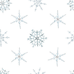 Watercolor Christmas crystal snowflake decorations hand drawn seamless pattern