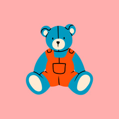 Blue teddy Bear. Soft Toy for kids. Childhood, children games, preschool activities concept. Baby shower design element. Hand drawn Vector illustration. Isolated on pink. Logo, icon, print template