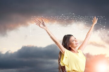 Fototapeta na wymiar Woman touching big global digital network connection on social network in the sky