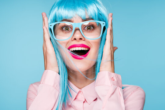 Pretty Woman In Pink Shirt Purple Wig Glasses Red Lips