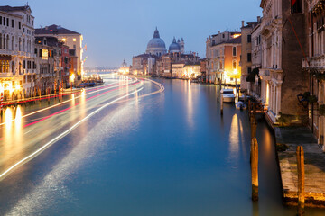 Gran Canal, Santa Maria della Salute church at sunris, Venice, Veneto, Italy.