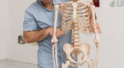 Doctor man pointing on ribs of human skeleton anatomical model. Physiotherapist explaining joints...