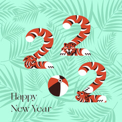 2022 greeting card or invitation banner with stilizated tigers