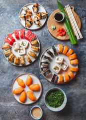 Sushi and rolls sets. Japonese food. top view