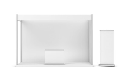 Blank tradeshow booth with counter and rollup banner