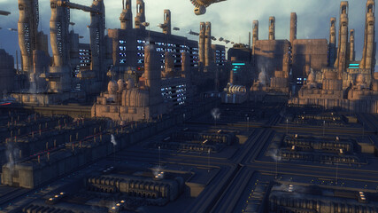 Fototapeta na wymiar 3d rendering. Futuristic city and spaceships