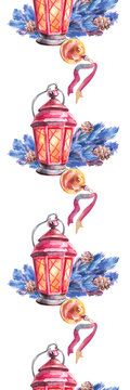 Christmas seamless pattern with lantern. Watercolor vertical illustration.