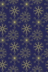 Seamless pattern with yellow snowflakes on dark blue backround.