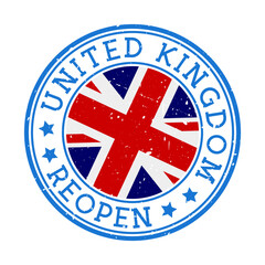 United Kingdom Reopening Stamp. Round badge of country with flag of United Kingdom. Reopening after lock-down sign. Vector illustration.