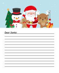 Letter for Santa Claus. Santa claus, reindeer and snowman. Space for text