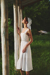 Woman in white dress countryside village nature ecology