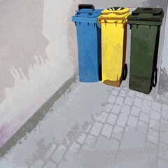 Trzy plastikowe śmietniki  niebieski zielony żółty stojące w zaułku