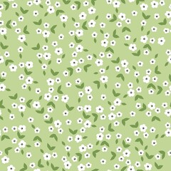 Vintage pattern. small white flowers, green leaves. Light green background. Seamless vector template for design and fashion prints.