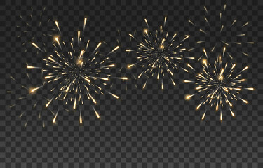 Fireworks with brightly shining sparks. Bright fireworks explosions isolated on transparent background. Festive sparks and explosions. Realistic light effect. Element for yor design. Vector on png.