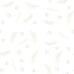 cute white background with golden lines, illustration of plants, branches, flowers. seamless background. delicate geometric seamless pattern for gift wrapping, textile, fabric
