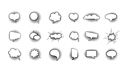 Speech Bubbles Set, Black Icons Isolated on White Background, Talk Comic Bubbles with Halftone Shadows, Comics Style.