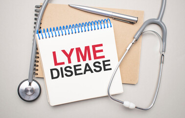 White notepad with the words LYME DISEASE and a stethoscope on a blue background. Medical concept
