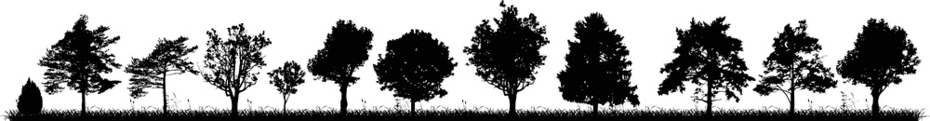 twelve black trees silhouettes strip on white