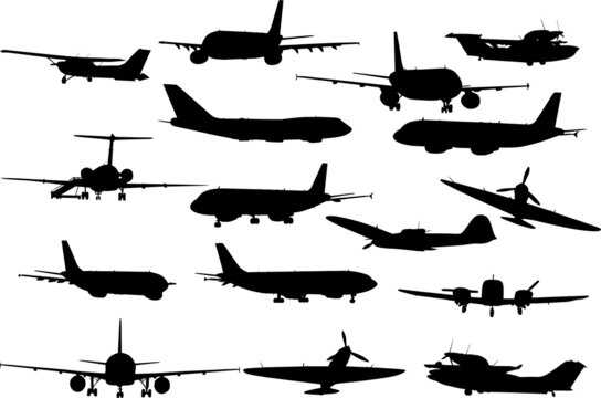 sixteen small airplanes silhouettes isolated on white