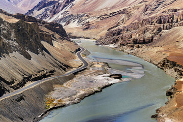 Indus river flowing through rocks of Ladakh, Jammu and Kashmir, Leh, Ladakh, India