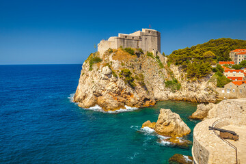 Fototapeta na wymiar View of Fort Lovrijenac from the walls of the city of Dubrovnik in Croatia, Europe.