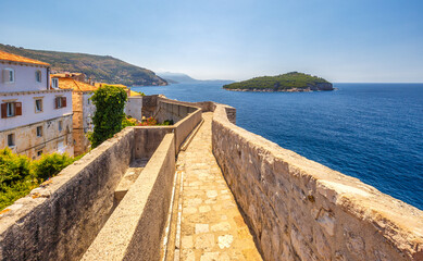 View of Lokrum island from the walls of the city of Dubrovnik in Croatia, Europe.