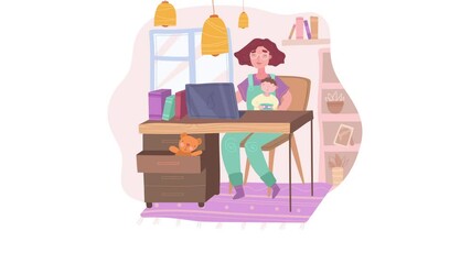 Maternity and maternity video concept. Moving young woman with newborn son working on laptop. Female character takes care of child and engaged in self development. Graphic modern animated cartoon - Powered by Adobe