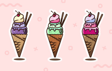 Set of ice cream cone with cherry illustrations vectors. Collection of black currant, mint choc chip and strawberry ice cream cones. 