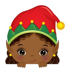 Cute African American Elf Girl Playing Peekaboo. Vector Peek a Boo Black Elf Girl