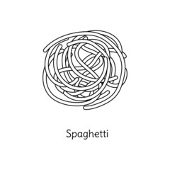 Spaghetti pasta illustration. Vector doodle sketch. Traditional Italian food. Hand-drawn image for coloring book. Isolated black line icon. Editable stroke