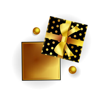 Realistic Black And Gold Gift Box Open From Above Design