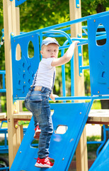 A boy with Down syndrome is playing on the playground, the child has a developmental delay.
