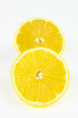 Creative layout made of lemon, half of lemon, slide, piece. Creative summer minimalistic background.