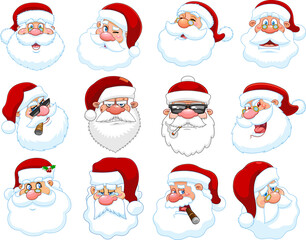 Classic Santa Claus Face Portrait Cartoon Characters. Vector Collection Set Isolated On White Background