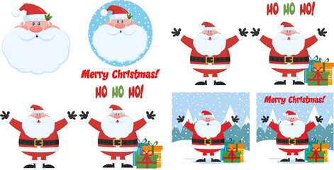 Christmas Greeting Cards. Vector Hand Drawn Collection Set With Background And Text