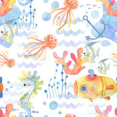 Seamless pattern. Watercolor with marine life. Cartoon exotic fish, submarine, jellyfish, seaweed, anchor