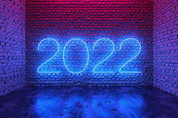 Blue gradient text 2022 on brick wall background