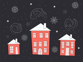 Christmas Hand Drawn Vector Houses. Winter  items for scrapbook, social media, web, greeting cards. seasonal design 
