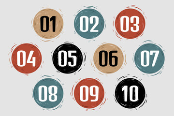 Collection of hand drawn circular bullet points numbers from one to ten.