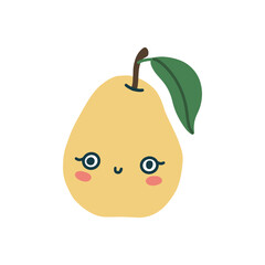 Cute kawaii flat yellow pear smiling with eyes. Cute childish fruit character. Isolated flat fully editable illustration on white background.