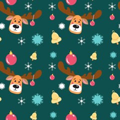 Seamless pattern with new year deer and ornaments