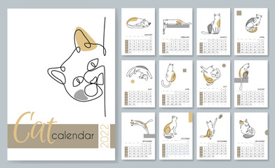 Calendar 2022. Monthly calendar template with a thin line drawings of cats and abstract color spots. One line style calendar. Silhouette of cats Outline. Printable template. Vector illustration