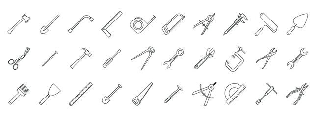 Tool icon. Set of hand tool linear icons. Vector illustration. Black tool icon - obrazy, fototapety, plakaty