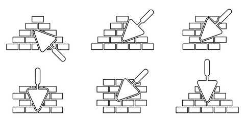 Brickwork icons set. Trowel and brick icon. Construction or repair linear symbols. Vector illustration. Brickwork and building trowel icon.
