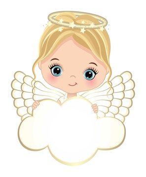 Nativity Cute Angel Holding Blank Cloud to Customize Your Text. 